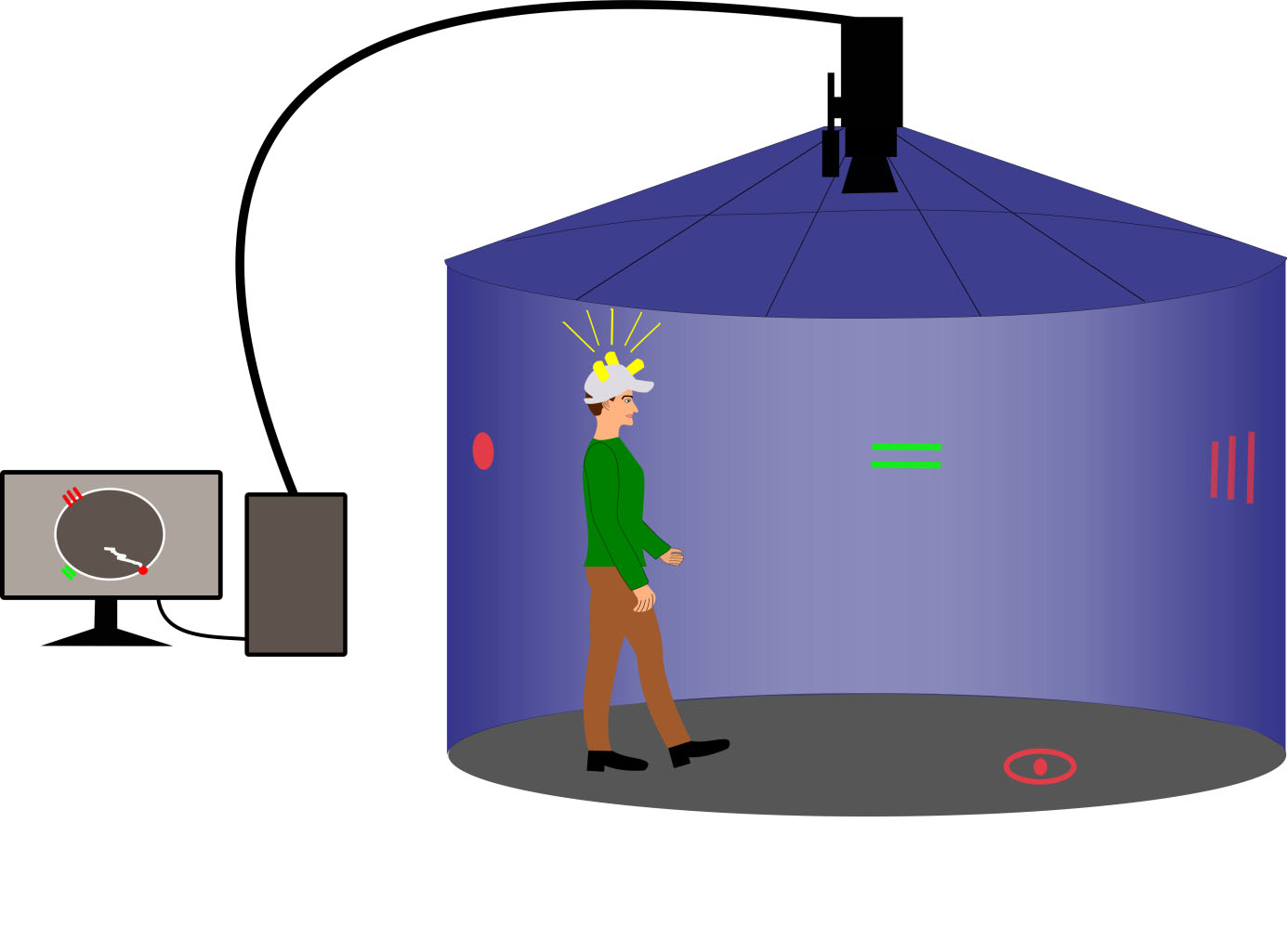 Human Analogy of the Morris Water Maze. This setup is inspired by one of the most widely used behavioral tasks in animal studies. Patients move within a circular tent with a 3-meter diameter, and their movement is tracked by a camera system that monitors the position of three LED markers on a special cap. The task requires participants to determine the exact location of a hidden goal on the floor using either their starting position or landmarks on the tent walls. This method allows researchers to examine t