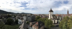 Pohled na Freiburg im Breisgau s Martinstor a Freiburger Münster, na horizontu jsou vidět i francouzské Vogézy